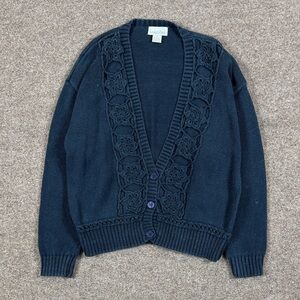 Vintage Navy Blue Deep V-Neck Cardigan Sweater Women’s M Knit Floral Embroidery